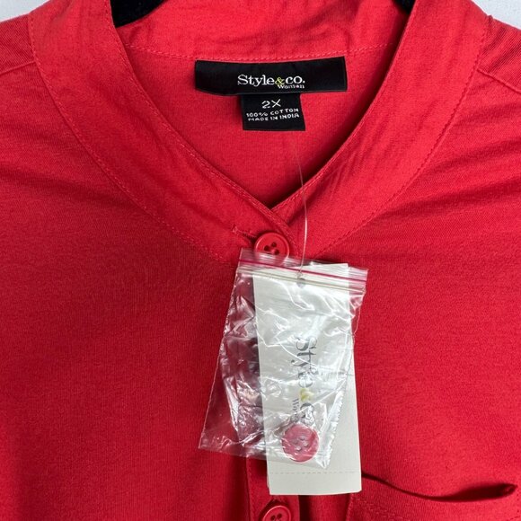 Style & Co Red Button Front Short-Sleeve Mandarin Collar Shirt 100% Cotton Sz 2X - Picture 3 of 7